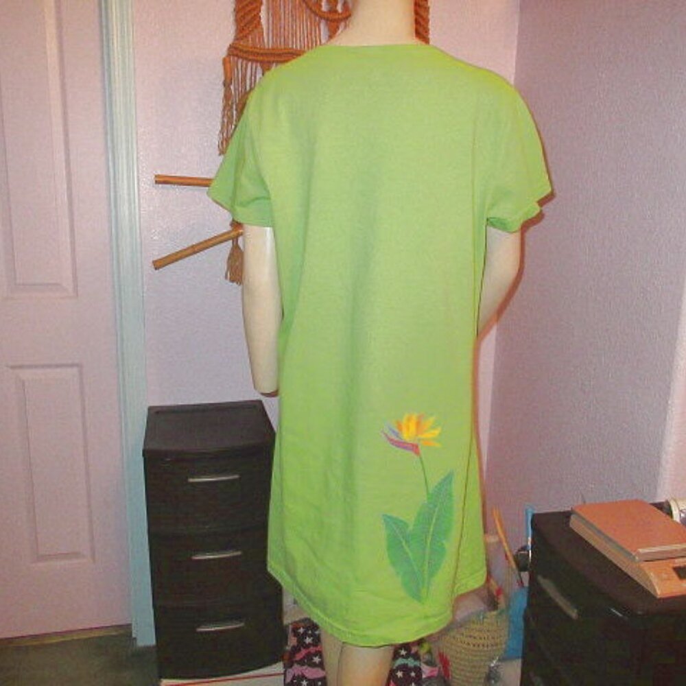 Sabaku Art Paradise T-Shirt Dress Size M Pockets Stretch Birds Lotus Floral Boho - Picture 11 of 12